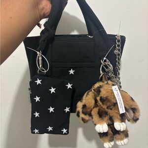 Madden Girl / Steve Madden Black Tote Bag with Star and Leopard Bunny Keychains